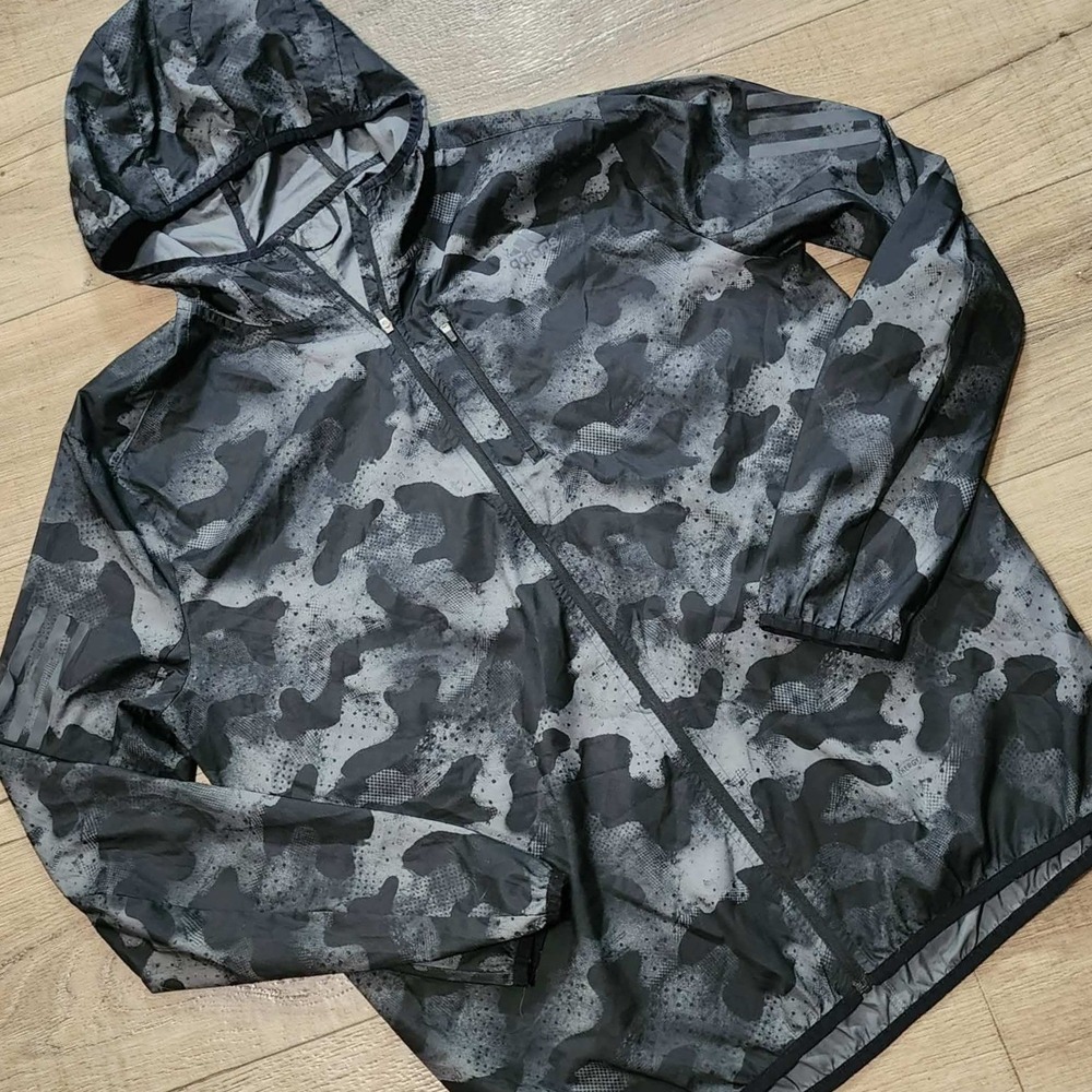 Adidas Mens Grey Camo Running Windbreaker Jacket Hooded Full Zip Large